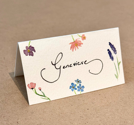 1x Wedding/Event Place Card – First Name & Colored Floral Design